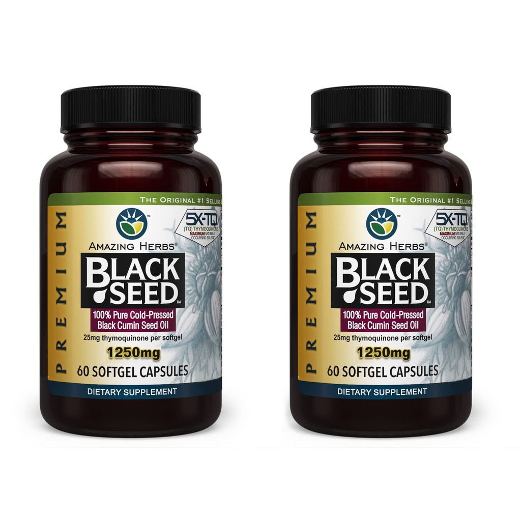 Verbazingwekkende kruiden Premium Black Seed Oil Capsules - Hoge potentie, koud geperste Nigella Sativa Aids in Digestive Health, Immune Support & Hersenfunctie - 60 Tel, 1250mg (pakket van 2)