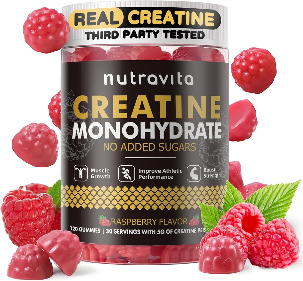 Nutravita Creatine Monohydraat Gummies voor mannen & vrouwen-5g van Creatine Monohydraat per Serving - Suikervrij,Veganist, Raspberry Flavor, 120 Tellen