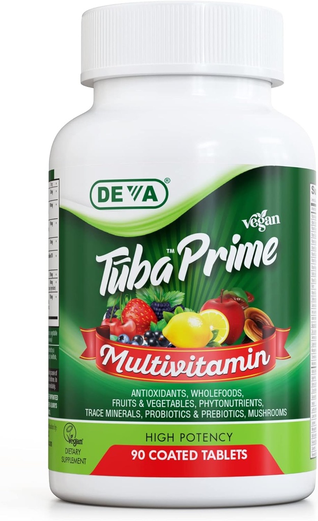 DEVA Tuba Prime Vegan Multivitamin - High-Potency Vitamin and Mineral Dietary Supplement - Antioxidants, Fruit and Vegetable Blend, Super Mushrooms, Probiotics, Prebiotics, Seeds, Herbs - 90 Tablets