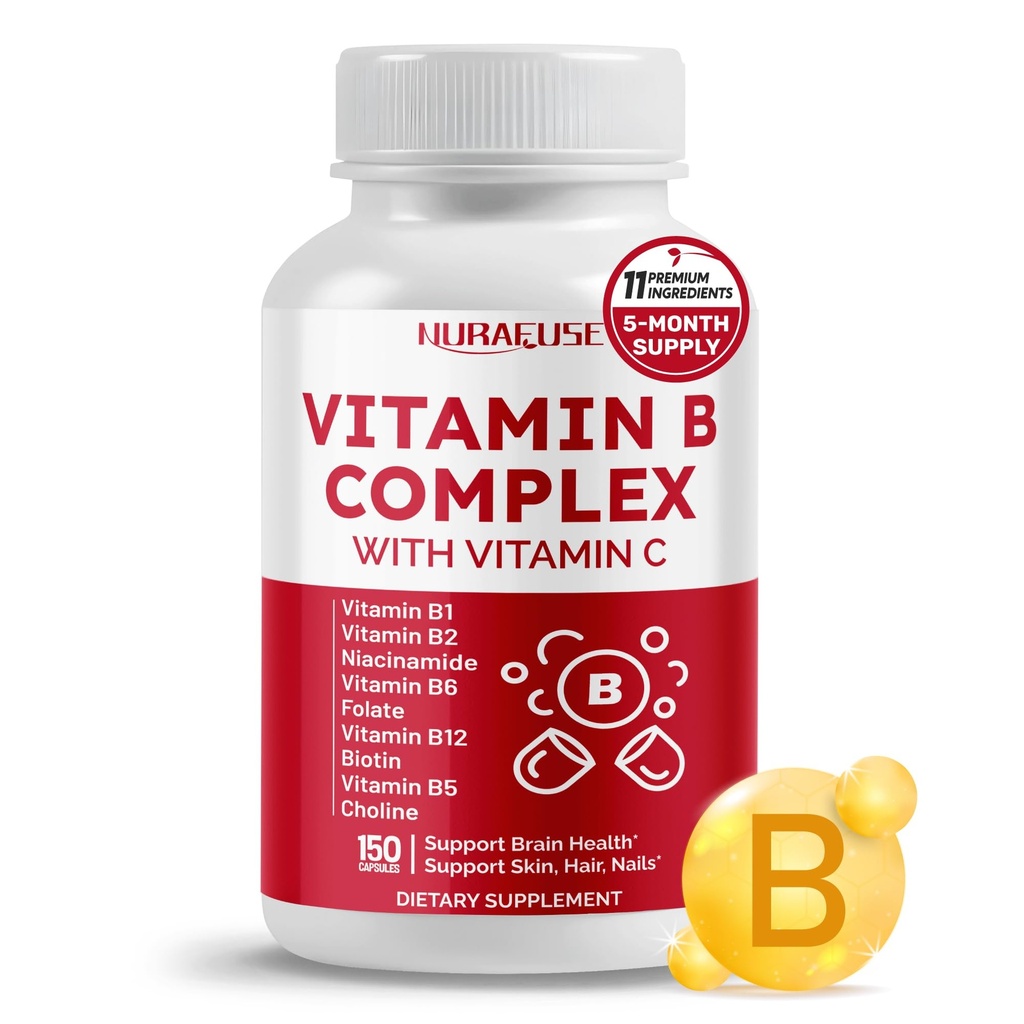 Vitamine B Complex Vitamine B1, B2, 6,9,12 Niacin, met vitamine C - Ondersteuning Hersengezondheid, Energieniveaus, Huid, Haar en Nagels