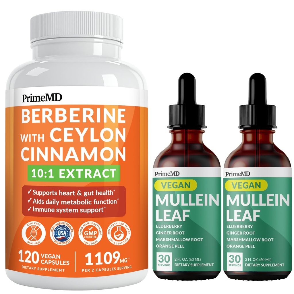 21-in-1 Berberinesupplement met Ceylon Cinnamon Chroom, Bitter Melon en Green Tea Extract (120 ct) & 5-in-1 Mullein Drops for Longs and Respiratory Lung Health & Bronchial Support (60 Servings)