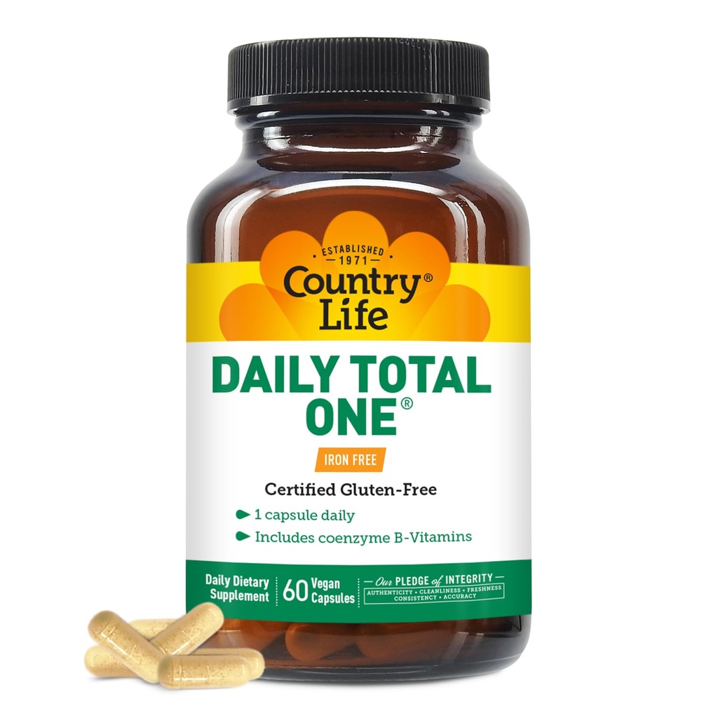 Country Life Daily Total One Multivitamine, Iron Free Once a Day Multivitamine & Multimineral Complex, Vitaminen A, C, D, Inclusief Co-enzym B-vitaminen, Ondersteunt Energie Metabolisme, 60 Vegan Capsules