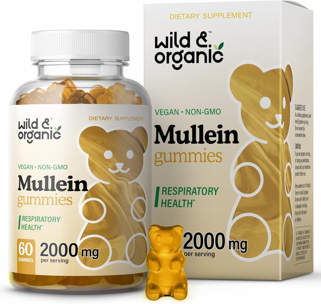Wild & Organic Mullein Gummies for Longs 2000mg - Lung Detox and Cleanse - Vegan Mullein Leaf Gummies for Immune Support - 60 Non-GMO Kruidenextract Kauwen