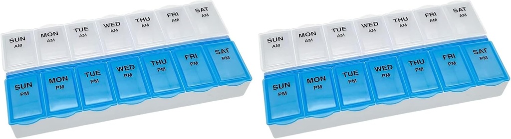 Basic Care (7-Dag) AM/PM Pillen Organisator, Vitamine Case, en Medicine Box, Grote Compartiments, 2 keer per dag, Blauw en Clear Lids (pakket van 2)