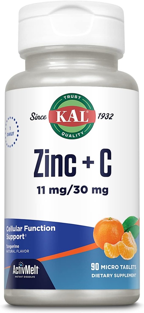 KAL Zink Plus C, Instant Oplossen Vitamine C en Zink, Cellulaire Functie en Immuun Ondersteuning, Optimale Absorptie, Natuurlijke Tangerine smaak, 60 dagen geld-terug garantie, 90 porties, 90 Micro Tablets