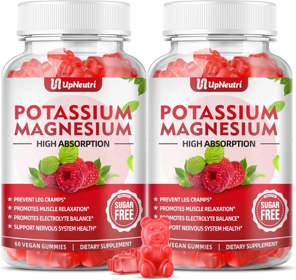 Kalium Magnesium Supplement Gummies voor Volwassenen Kinderen, Suikervrije Kalium Gummies Ondersteunt Been Krampen & Muscle & Immune Health, Hoge Absorptie Magnesium Gummies Raspberry Flavor 120 Cts
