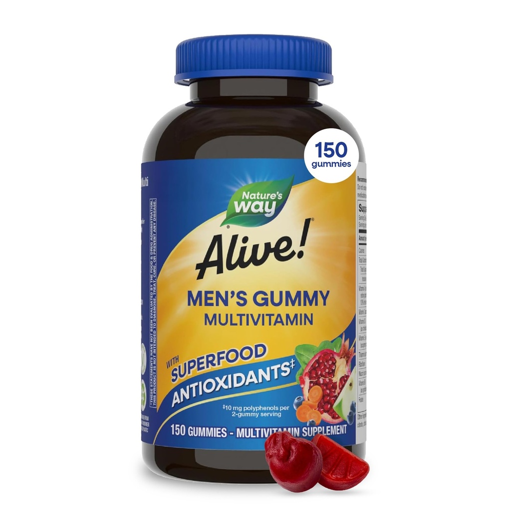 Nature's Way Alive! Mannen Multivitamine Gummies, Ondersteunt Energie Metabolisme*, Spierfunctie*, Superfood Antioxidanten(1), B-Vitaminen, Vegetarisch, Fruit Smaak, 150 Gummies (Verpakking mei Vary)