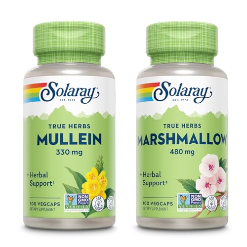 SOLARAY Mullein Leaf 330 mg and Marshmallow Root 480 mg - Wellness Bundle - Herbs High in Mucilage Oplosbare vezel voor verzachtende ondersteuning - Veganistisch, niet-GMO, Lab geverifieerd, 60-dagen garantie, 200/100 VegCaps