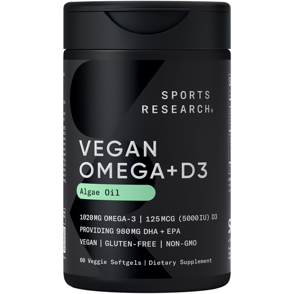 Sportonderzoek Vegan Omega-3 met vitamine D3 Softgels - 1020mg Omega-3 & 5000iu D3 Supplement - Visolie Alternatief met vitamine D Plant-gebaseerde ondersteuning van Algenolie - 60 Veggie Softgels voor volwassenen