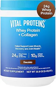 Vitale eiwitten Wei Proteïne Poeder + Collagen Peptiden, 24g Proteïne Ondersteuning van herstel & Joint Health, met vitamine C, ongeveer 16 porties - Vanille 21.7oz