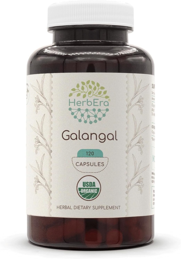 HerbEra Galangal 120 capsules, 500 mg, USDA Biologische Galangal (Alpinia Galangal) Gedroogde Wortel (120 capsules)