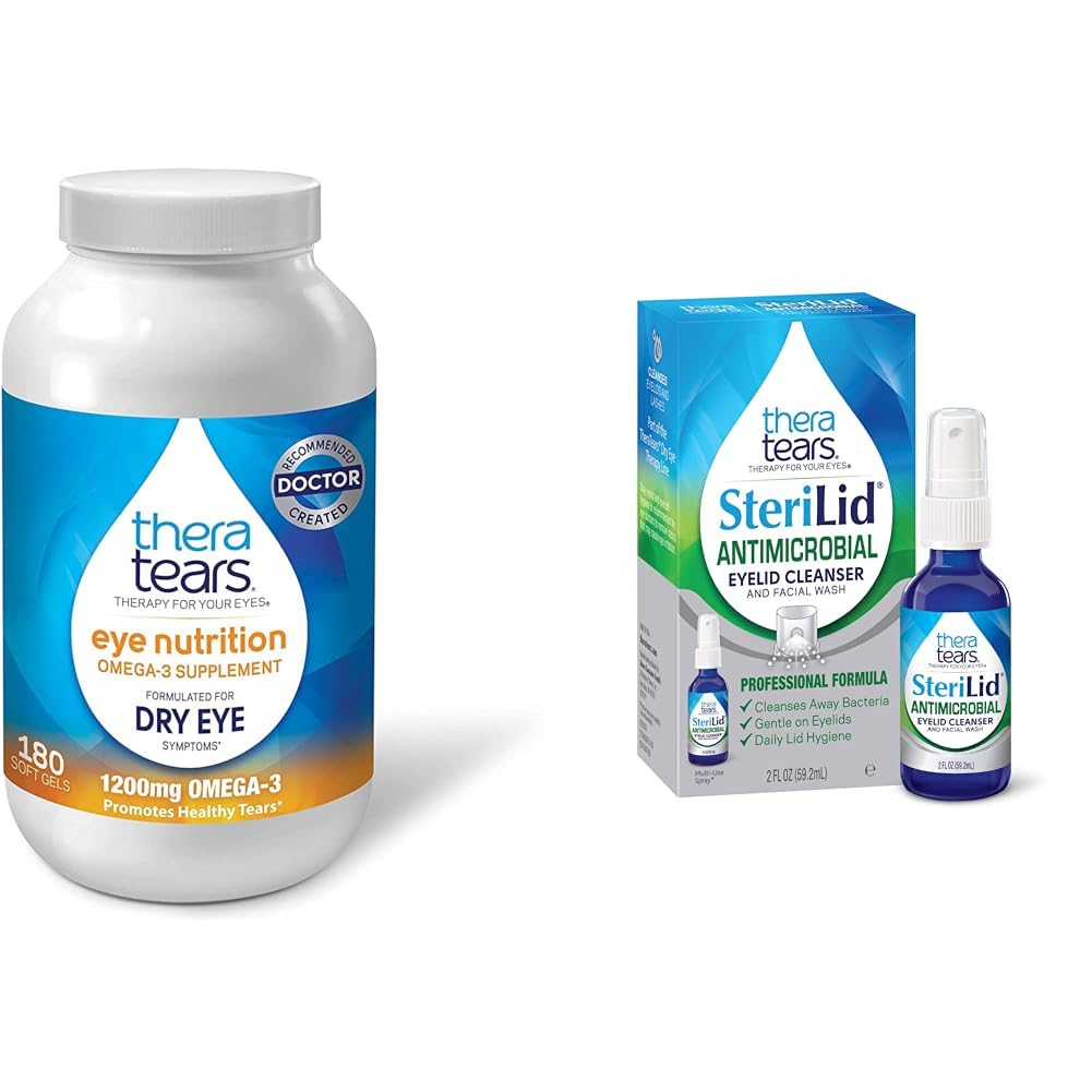 TheraTears 1200mg Omega 3 Supplement voor Eye Nutrition, Organic Flaxseed Triglyceride Fish Oil and Vitamin E, 180 Tellen & Sterilid Eyelid Cleanser and Face Wash, for Irritated Eyes, 2 fl oz Spray