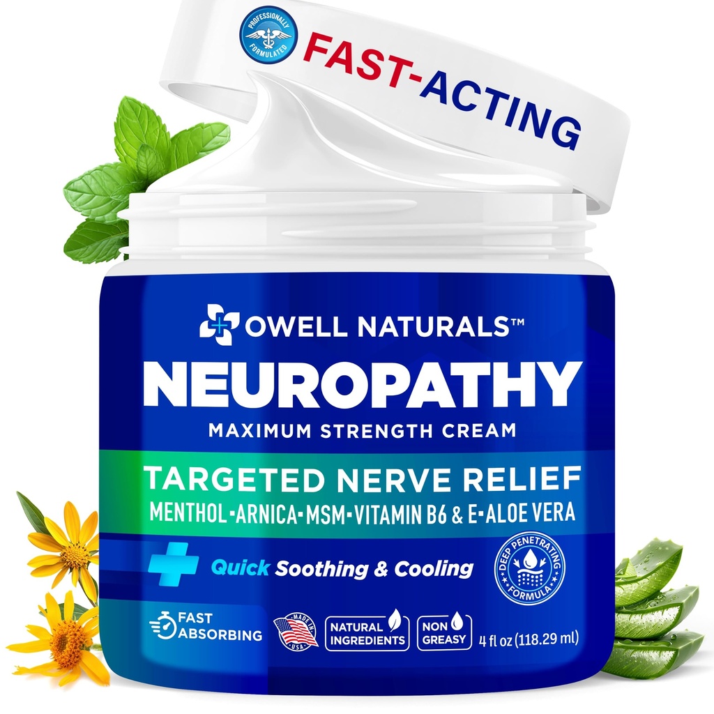 OWELL NATUURLIJKE Neuropathie Cream Extra sterkte Nerve Relief Cream voor voet, handen, benen, tenen met Arnica, vitamine B6, Aloë Vera, MSM - Made in USA