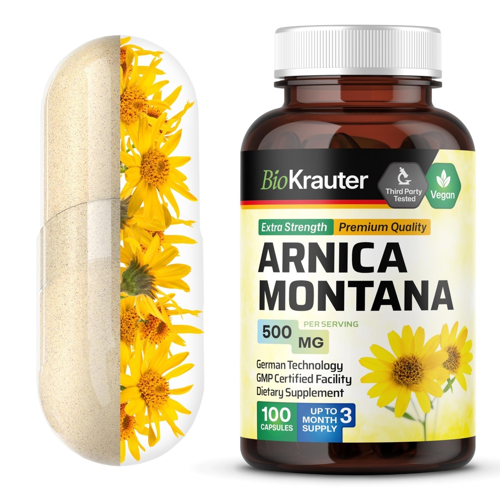 BIO KRAUTER Arnica Montana Capsules - 500 mg Arnica Capsules for Bruising and Swelling - Vegan - 100 Tel.