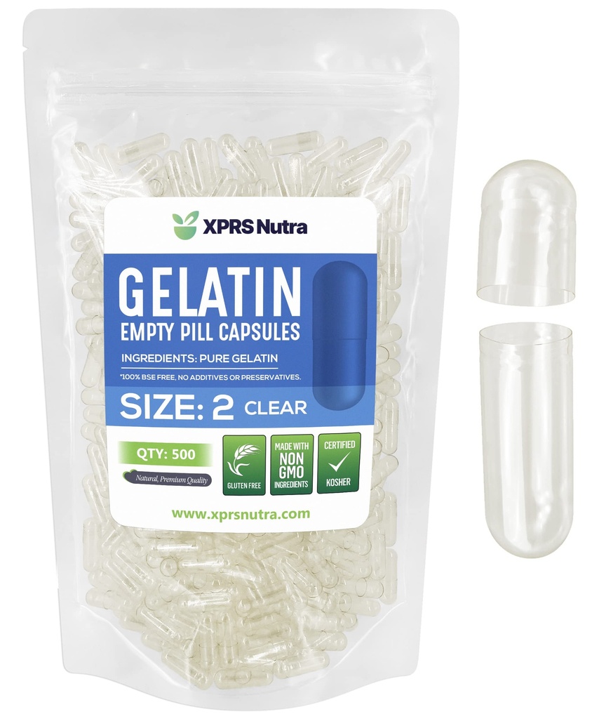 XPRS Nutra Maat 2 Lege Capsules - 500 Tel helder Lege Gelatine Capsules - Pillen DIY Capsule Vulling - Pure Bovine Pill Gel Caps for Do-It-Yourself Supplements