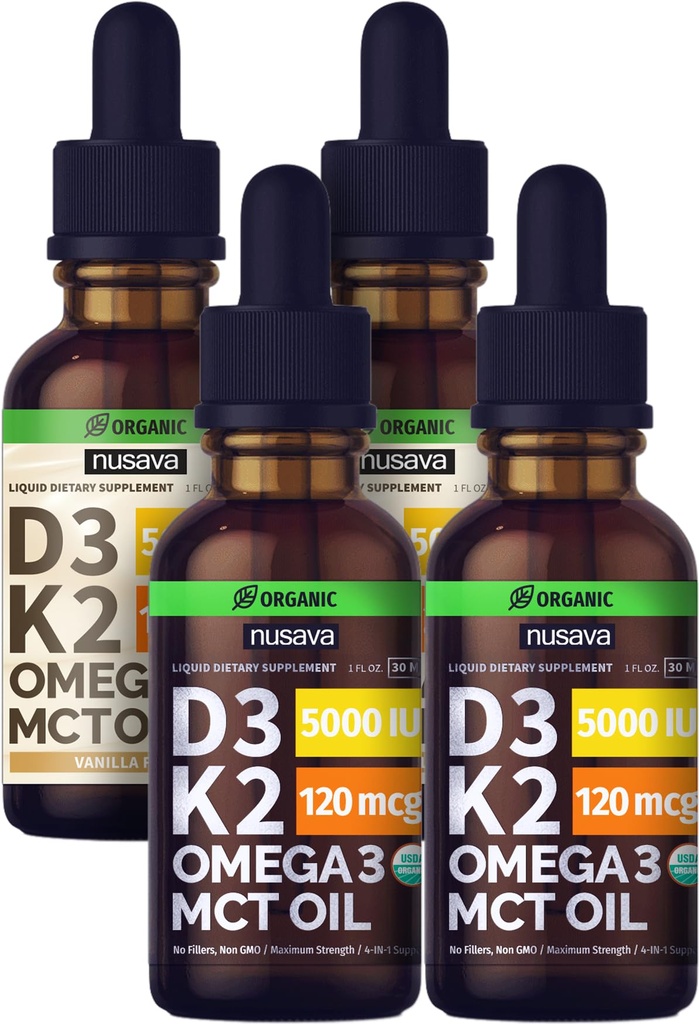 NUSAVA Unflavored D3 K2 Liquid Drops and Vanilla Flavored D3 K2 Liquid Drops Bundle - Krachtige Liquid Vitamins for Heart, Joint, Bot, Muscle, & Immune Support - Non-GMO, Gluten-Free, 2pk Elke