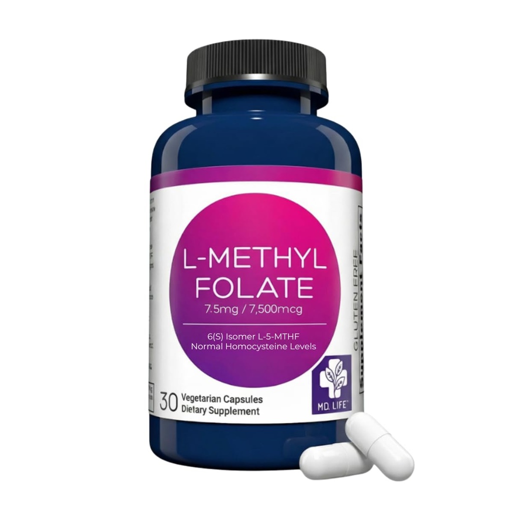 MD Life L-Methylfolaat 7,5 mg Supplement - Professional-Grade Active L Methylfolaat Supplement - 30 capsules - L-Methylfolaat 7,5 mg - Maximale Potentie MTHFR W/Essentiële aminozuren