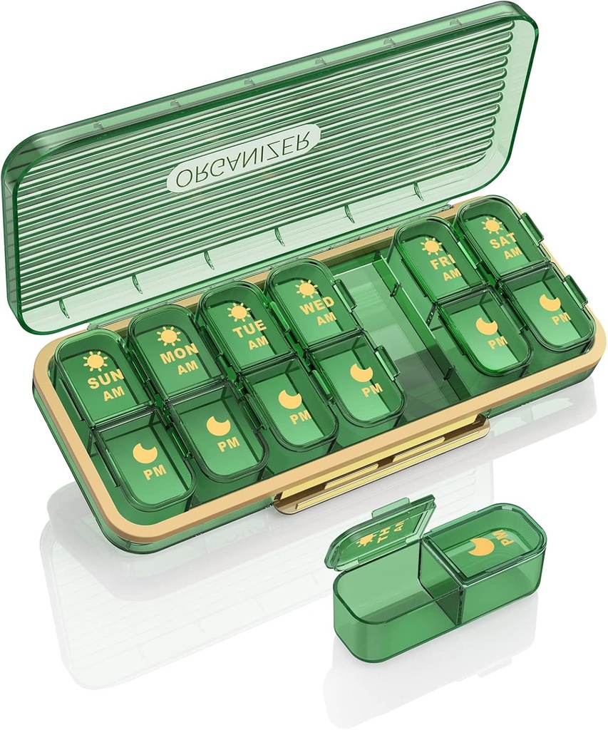 Pillen Organizer 2 keer per dag, 7 dagen Am Pm Pill Box - Acedada Weekly pil Organizer met aparte container, draagbare dagelijkse geneeskunde planner dispenser geval voor vitamine, visolie, supplementen, groen