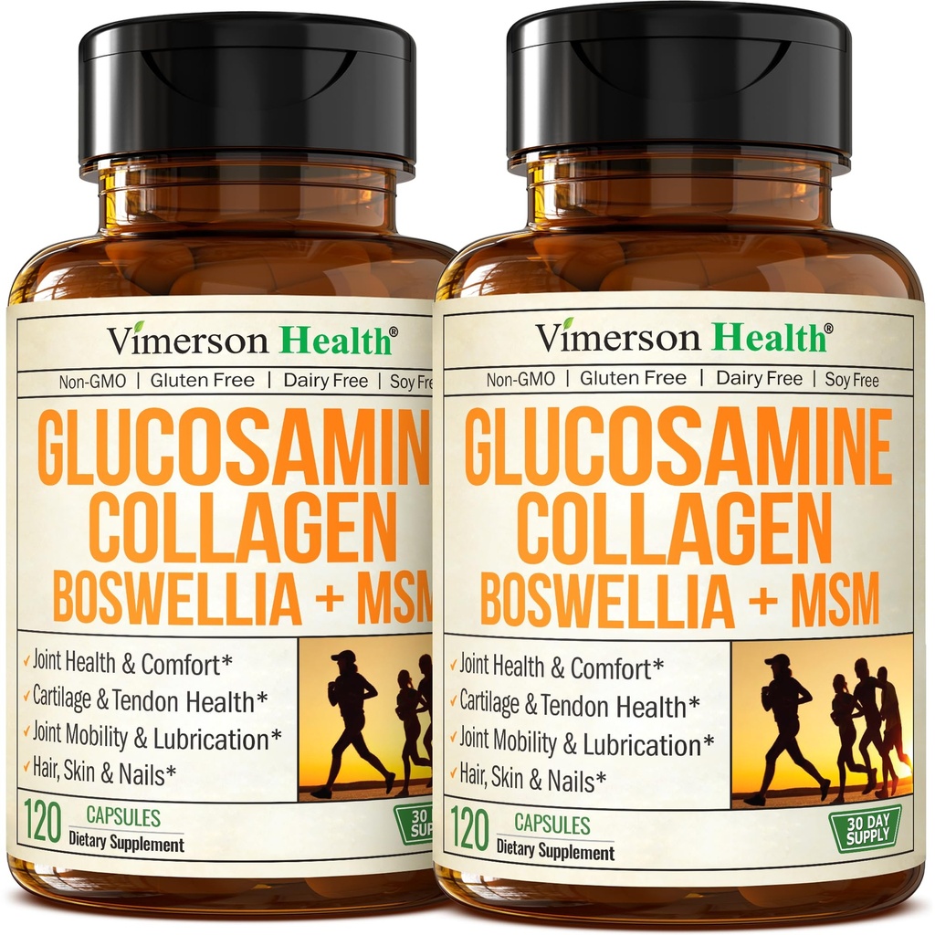 Glucosamine Chondroitin MSM met Gehydrolyseerde Collageen Peptiden - Gezamenlijke Ondersteuning Supplement met Quercetin, Bromelain & Boswellia Extract - Collageen pillen voor haarhuid Nails - FSA in aanmerking komende 2 Pack