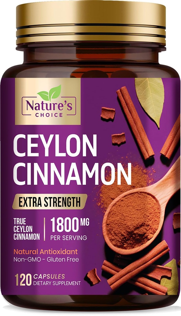 Ceylon Cinnamon Capsules 1800mg - Certified Organic Cinnamon, Bottled in USA, & Pure Extra Strength Ceylon Cinnamon Supplement, Antioxidant Pillen, Non-GMO & Gluten Free, Sugar Free - 120 Capsules