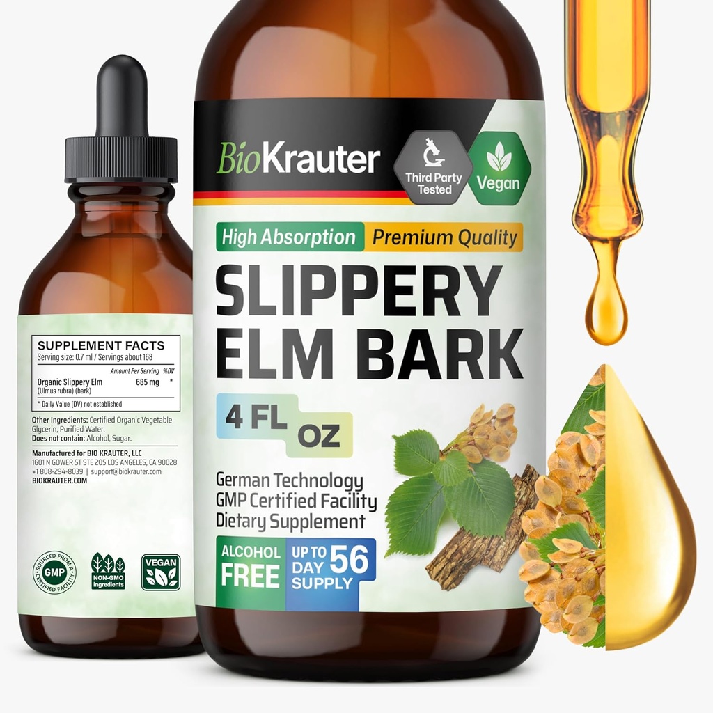BIO KRAUTER Slippery Elm Bark Tincture - Pure Slippery Elm for Women & Men - 4 Fl.Oz. 56 Days of Supply - Throat & Voice Support - Vegan Liquid Drops for Lungs - Respiratory & Digestive Health