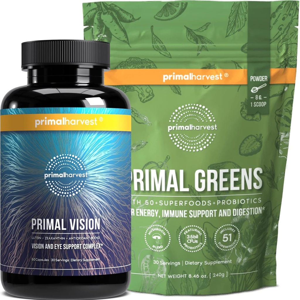Primal Oogst Groenen Poeder & Vision Supplementen voor vrouwen en mannen Vision and Eye Support Complex met Lutein, Zeaxanthine Bundle