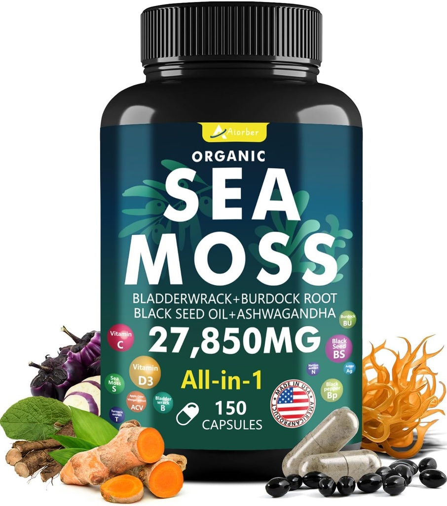 Sea Moss Capsules Complex met Black Seed Oil,Aşhwagandha,Burdock Root,Bladderwrack Gember Vitaminen Multiminerale Supplement - Ierse Wild Seamos Pillen Geavanceerde Blend voor Men&Women (150 Capsules)