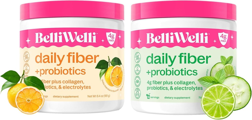 Daily Fiber Supplement Bundle with Added Collagen, Probiotics & Electrolytes - Cucumber Lime Mint & Orange Yuzu Mandarin Flavors - Supports Digestive Health, Debloating & Hydration - 32 Servings Total