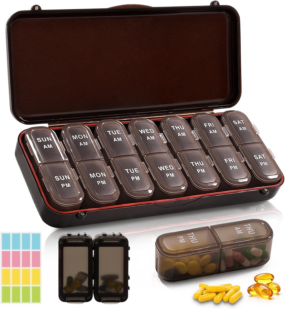 Weekly Pill Organizer 2 Times a Day + 2 Detachable Pill Organizers kit - AM PM Travel Pill Organizer for Vitamin Medicine Supplement Fish Oil, Brown Daily Pill Case 2 Times a Day