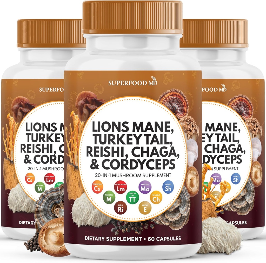 Leeuwen Mane paddo supplement met Turkije staart Reishi Cordyceps Chaga met Marshmallow Root - 180 Tellen