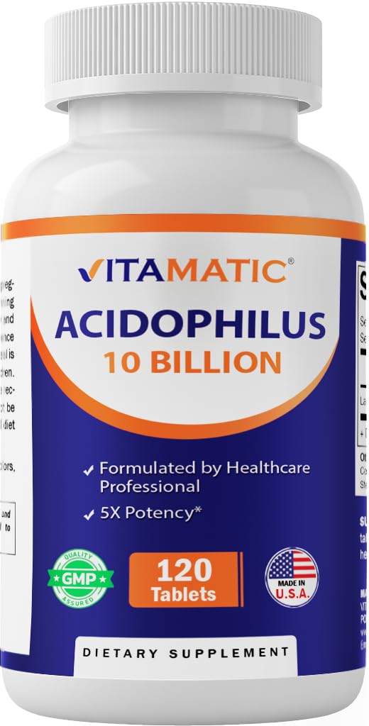 Vitamatic Acidophilus Probiotic - 10 miljard CFU - 5X Potency - Daily Probiotic Supplement, Ondersteunt spijsverteringsgezondheid - 120 tabletten
