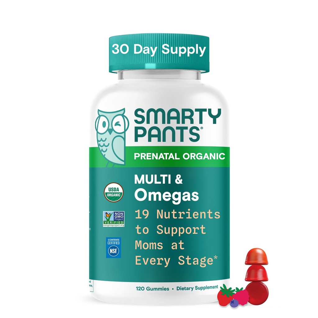 SmartyPants Organic Prenatal Vitamins for Women, Multivitamin Gummies: Biotin, Methylfolate, Omega 3 (ALA), Vitamin D3, C, Vitamin B12, B6, A, K2 & Zinc, Choline, Vegetarian, 120 Count (30 Day Supply)