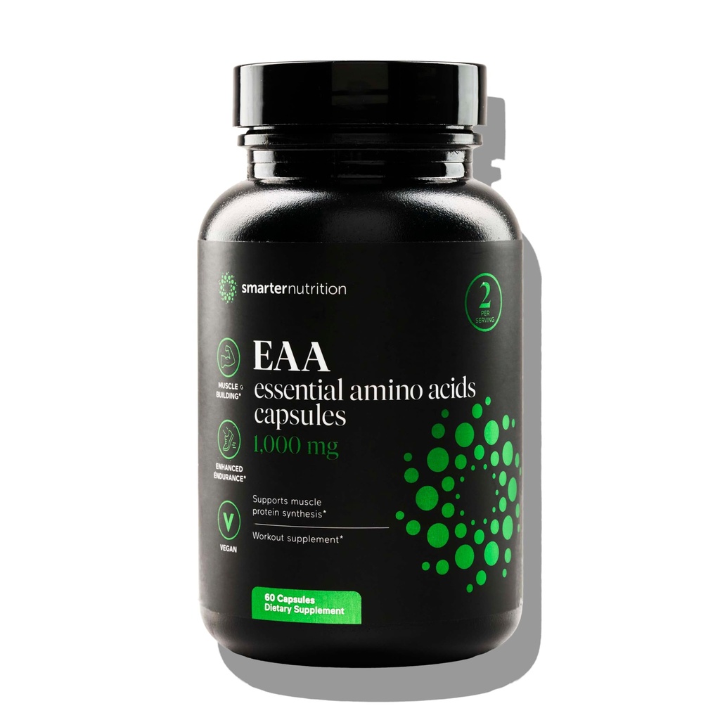 SMARTERNUTRITION Essentiële Aminozuren (EAA) Capsules - 1 Gram per portie van alle 9 EAA's - Ondersteunt spiermassa & oefening - Non-GMO, Veganistisch, Glutenvrij - 60 Tellen[30-Dagvoorziening]