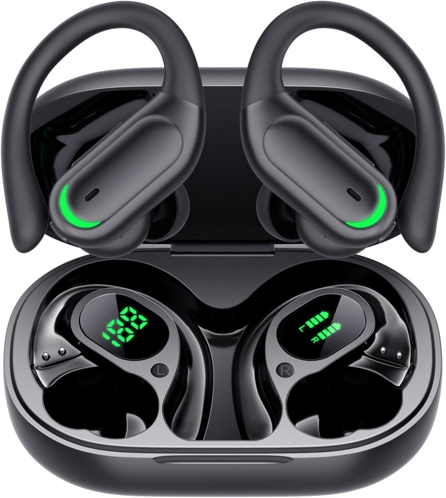Draadloze oordopjes Bluetooth 5.4 Headphones, 96hrs Playtime, Wireless Charging Case LED Display, Over Ear Headphones, ENC Noise Cancelling, Hi-Fi Sound, IP7 Waterproof, voor Sports Workouts (diep zwart)