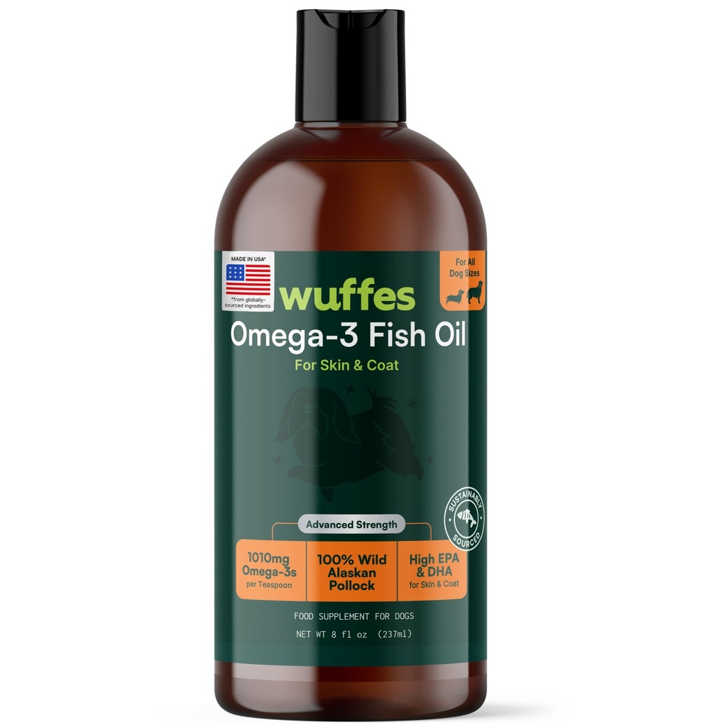 Wuffes Advanced Omega 3 Visolie voor honden, natuurlijke EPA & DHA vetzuren, ondersteunt gezonde huid en jas, Joint Nutrition, Digestie & Immune System - 100% Pure Wild Alaska Visolie - 8 Oz
