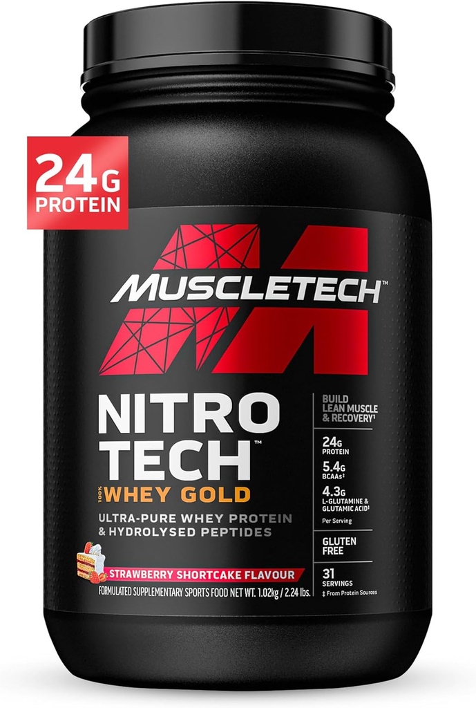 Whey Protein Powder , MuscleTech Nitro-Tech Whey Gold Protein Powder , Whey Protein Isolate Smoothie Mix , Protein Powder for Women & Men , Strawberry Protein Powder, 2 lbs (28 Serv)-package varies