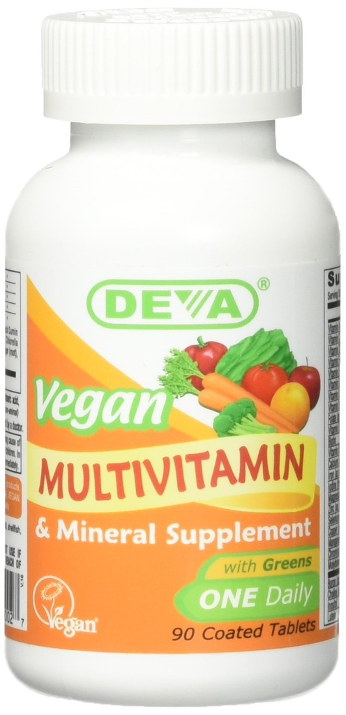 Deva Vegan Multivitamine en Mineraal Supplement - Once-Per-Day Formula with Greens - Vitaminen A, C, D, E, B Complex, High-Potency Formulatie voor dagelijkse gezondheid en wellness- 90 gecoate tabletten, 1-pack