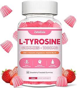 L Tyrosine Gummies, L-Tyrosine Supplement Gummies, L-Theanine Gummies met vitamine B6 D3, Focus Gummies Ondersteuning Hersenen, Geheugen, Energie, Mood voor volwassenen & kinderen, Aardbei smaak, 60 Tellen