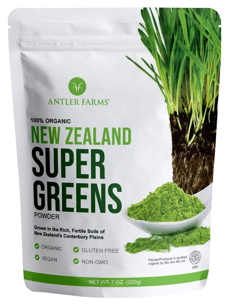 Antler boerderijen - 100% puur biologisch Nieuw-Zeeland Super Greens poeder, 40 porties, 200g - tarwegras, gerstgras, Chlorella, Spirulina - Veganistisch, Glutenvrij, Chlorofyl rijk, voor energie en ontgifting