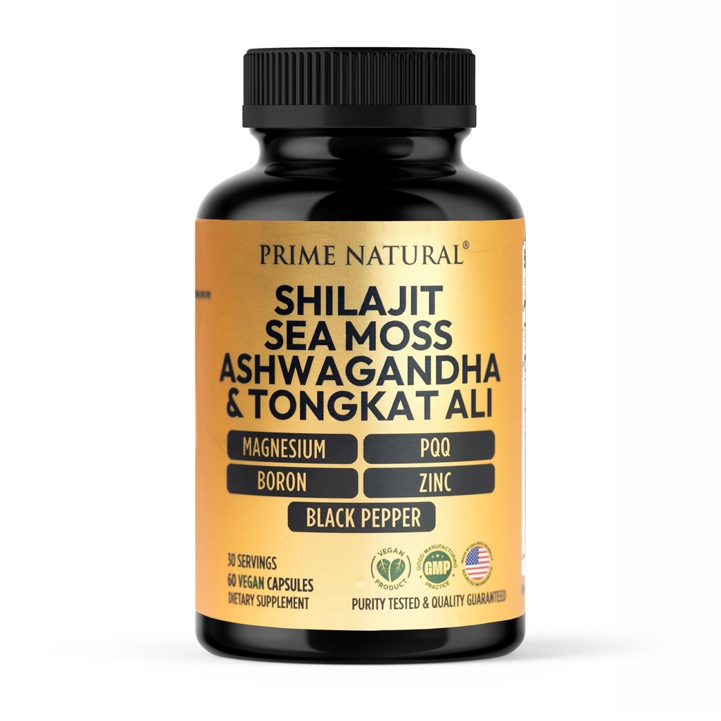 Shilajit 10.000mg, Irish Sea Moss 2000mg, Ashwagandha 3000mg, Tongkat Ali 30.000mg, Boron, Magnesium, PQQ & More 