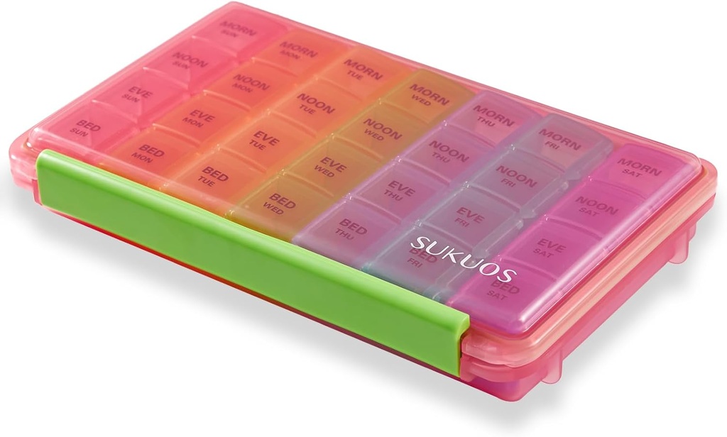 Sukuos Weekly Pill Organizer 7 Dag 4 keer per dag, Vocht-Resistant Grote Dagelijkse Pill Box Medicine Cases voor Vitamine/Visolie/Suplements (Roze)