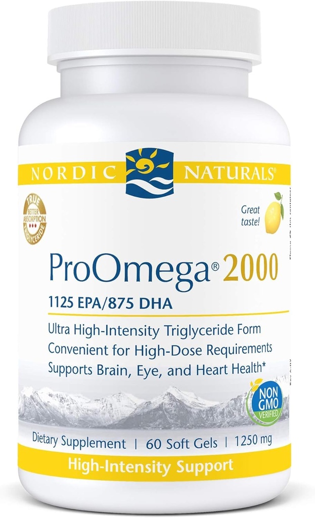 Nordic Naturals ProOmega 2000, Citroensmaak - 2150 mg Omega-3 - 60 Zachte Gels - Ultra High-Potency Fish Oil - EPA & DHA - Promoot Hersenen, Oog, Hart, & Immune Health - Non-GMO - 30 porties