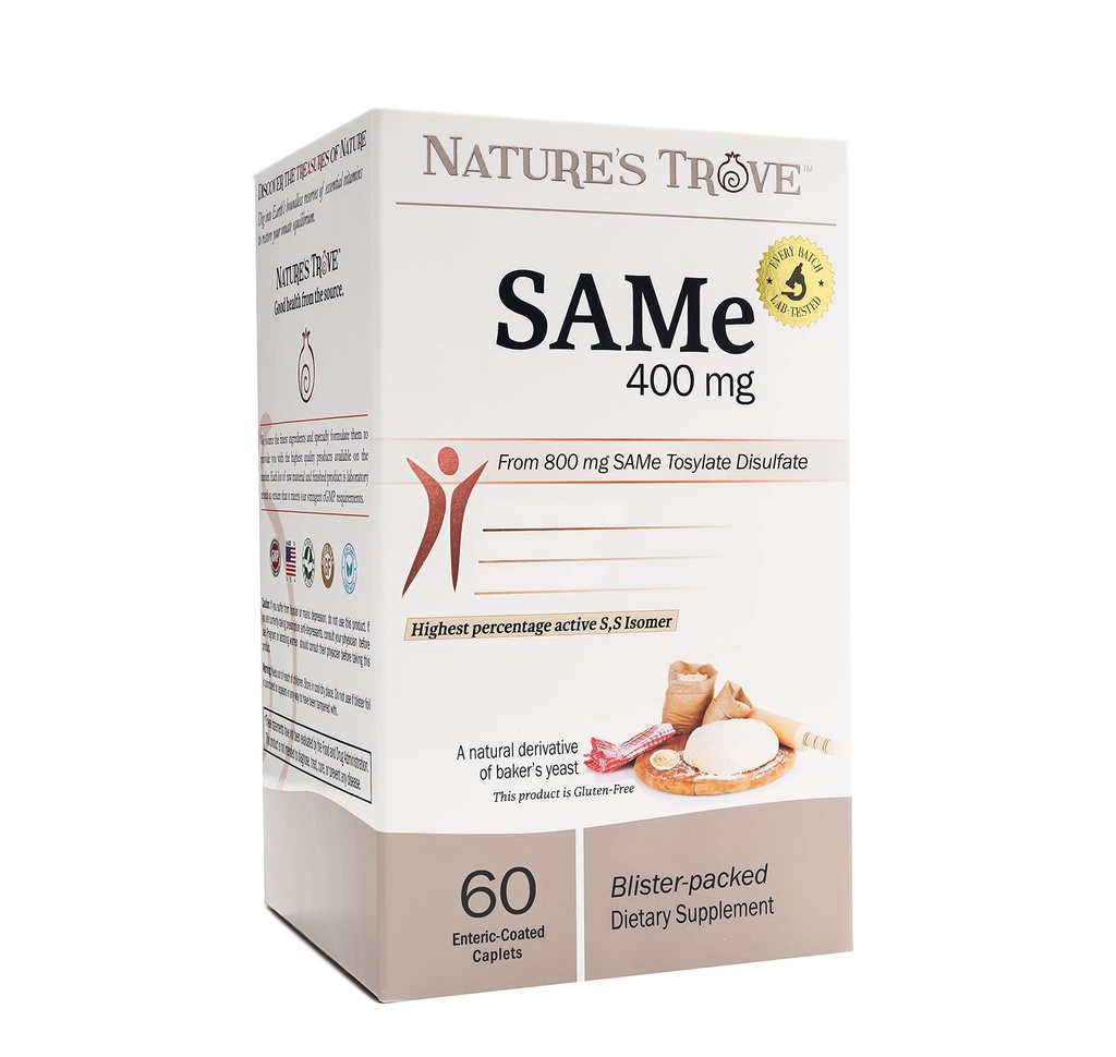 Nature's Trove SAM-e 400mg 60 Enteric Coated Caplets. Veganistisch, Kosher, Non-GMO Project Geverifieerd, Sojavrij, Glutenvrij - Koude vorm Blister verpakt.