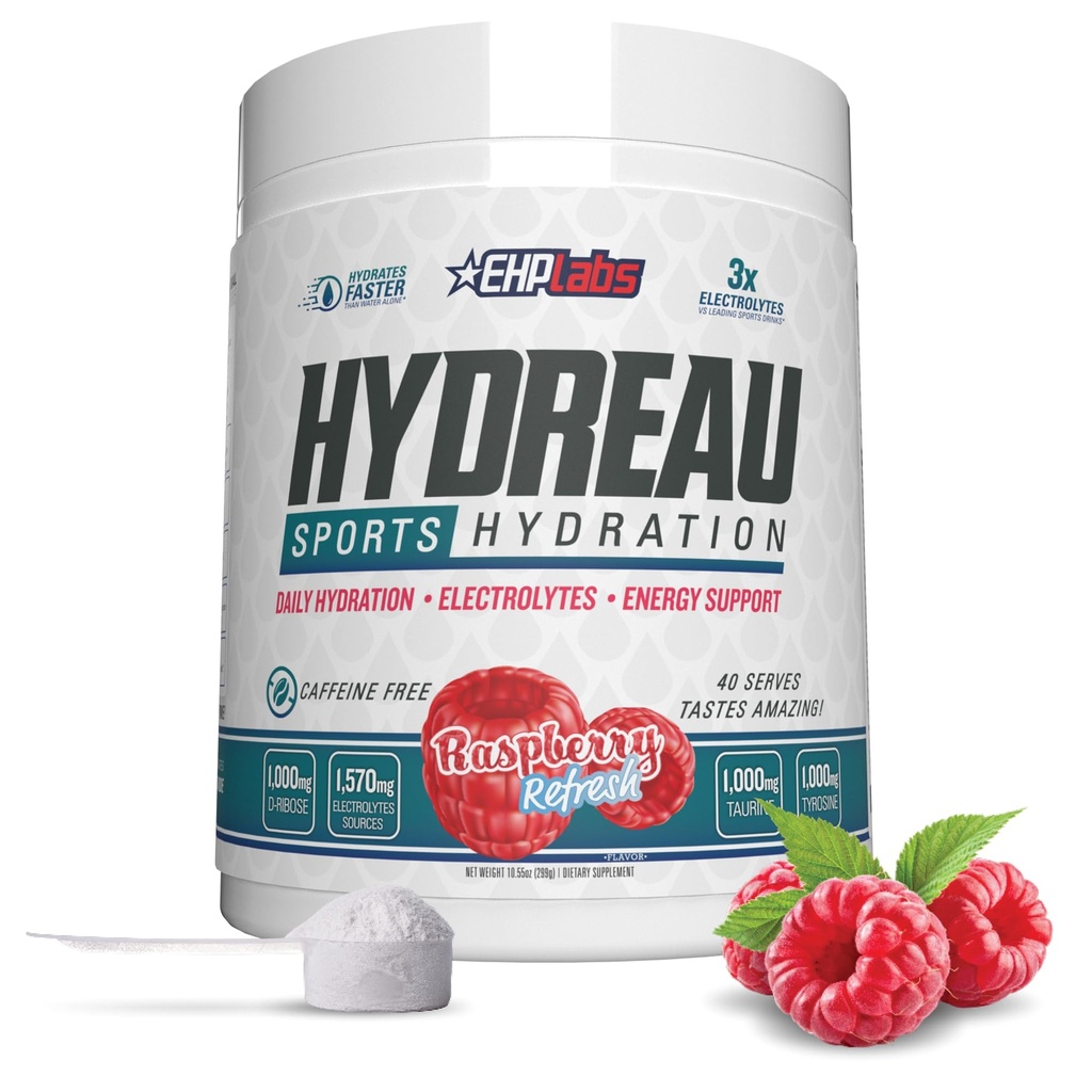EHP Labs Hydraeau Electrolytes Powder No Sugar - Hydration Powder for Endurance & Energy - Electrolyte Powder for Men & Women - Sugar Free Electrolytes - Framboos Refresh (40 Serves)