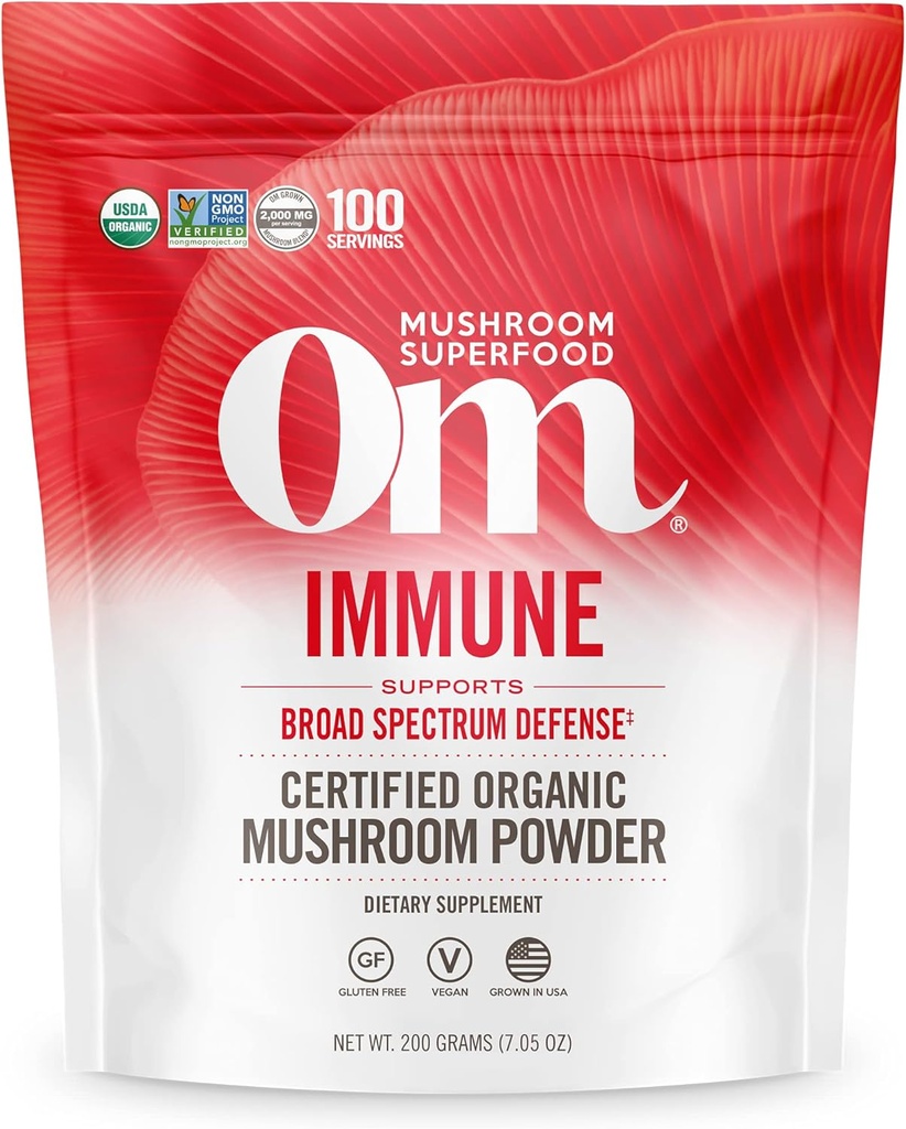 OM MUSHROOM SUPERFOOD Immune Blend Mushroom Powder Superfood Supplement, 7.05 Ounce Pouch, 100 Servers, Paddestoel Blend, Reishi & Turkije staart; Dagelijks Immune Ondersteuning Supplement