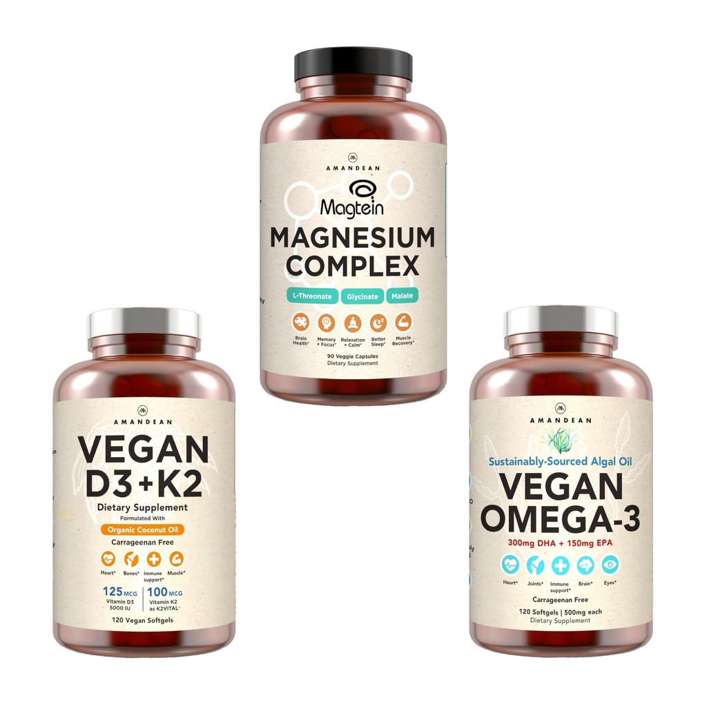 AMANDEAN Premium Magnesium Complex, Vegan Omega 3, Vegan D3+K2 Bundle. Immuunondersteuning op basis van planten. Algen DHA & EPA. Kwaliteit Slaap, Focus & Mood. Ondersteuning gezonde hart, hersenen, gewrichten & ogen