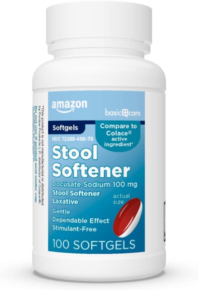 Basic Care Stool Softener Laxative, Docusate Sodium 100 mg, Softgels, For Constipatie Relief, 100 Tel.