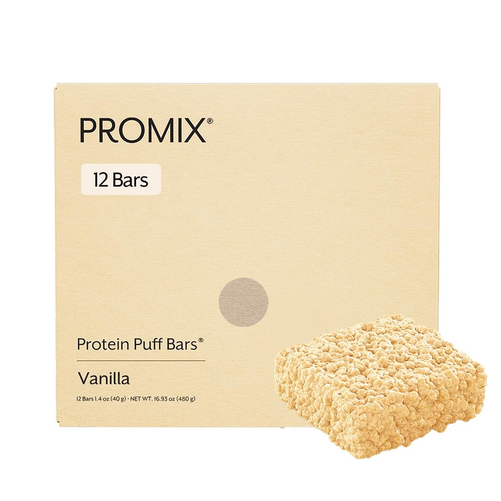 ProMix Nutrition Protein Puff Bars, 12-pack - Madagascar Vanille - Marshmallow Crispy Treat - Great Proefing & Healthy On The Go Snack - High Protein & Low Calorie - Non-GMO & Free from Gluten, Soy, & Corn.