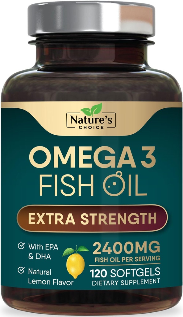 Omega 3 Fish Oil Supplement 2400 mg - Triple Strength EPA & DHA Fish Oil Omega 3, essentiële vetzuren supplement Softgels, hersenen & hart gezondheid ondersteunende supplementen, glutenvrije non-GMO, 120 Softgels