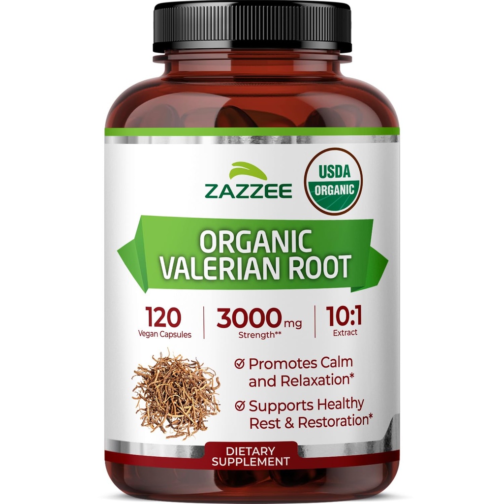 Zazzee USDA Biologische Valeriaanwortel 10:1 Extract, 3000 mg Sterkte, 120 Vegan Capsules, 4 maanden Supply, Valeriana officinalis, 10X Potentie, 100% Vegetarisch, All-Natural, Niet-GMO, Made in The USA